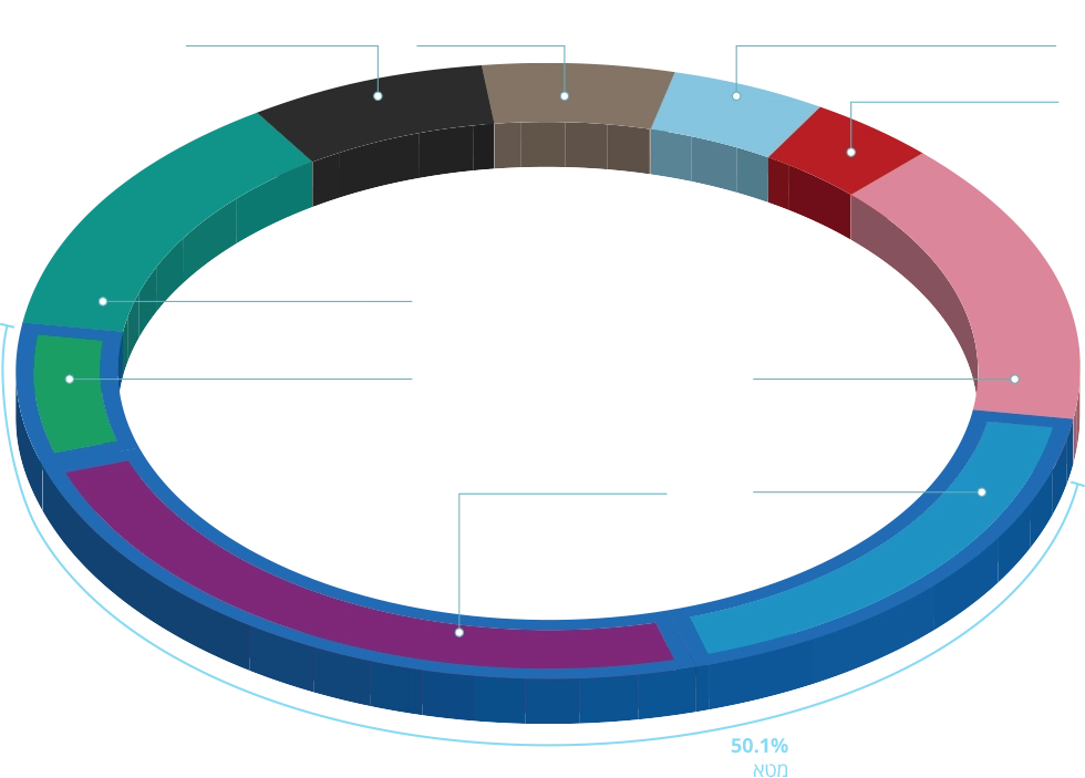 מטא:(50.1% 18.1% פייסבוק, 24.5% אינסטגרם, 7.5% וואטסאפ), 13.2% אפליקציות ורשתות חברתיות, 7.4% טיקטוק, 5.7% SMS, 4.8% מייל, 3.7% גוגל ויוטיוב, 15.1% אתרי אינטרנט