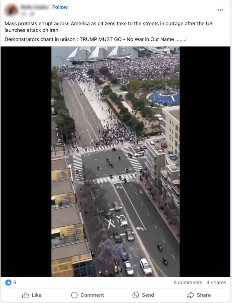 תמונה 2: סרטון של הפגנה בסן דייגו נגד מצעד יום הצבא של טראמפ ומדיניות הממשל, שהוצג כתיעוד של אמריקאים המוחים נגד התקיפה האמריקאית באיראן